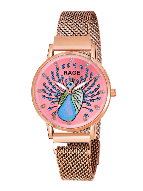 

Rage Enterprise Women Pink Brass Embellished Dial & Stainless Steel Bracelet Style Straps Analogue Watch, Rose gold