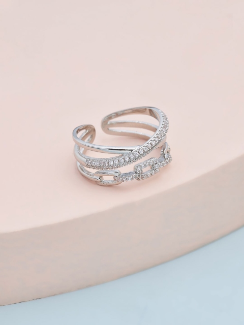 

Kushal's Fashion Jewellery Rhodium-Plated White CZ-Studded Adjustable Finger Ring, Silver