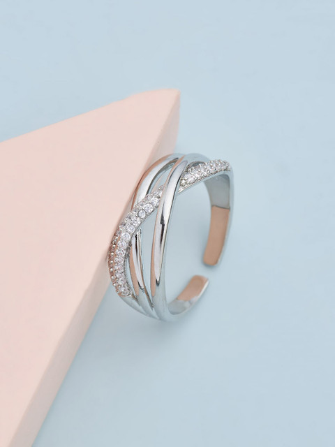 

Kushal's Fashion Jewellery Rhodium-plated White CZ-studded Adjustable Finger Ring, Silver