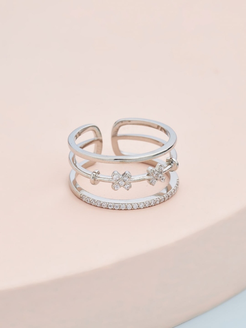 

Kushal's Fashion Rhodium-Plated & White CZ Stone-Studded Finger Ring