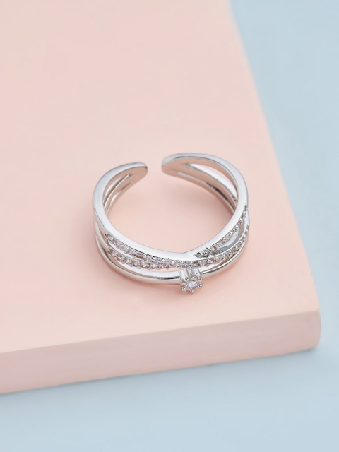 

Kushal's Fashion Jewellery Rhodium-Plated White CZ-Studded Adjustable Finger Ring