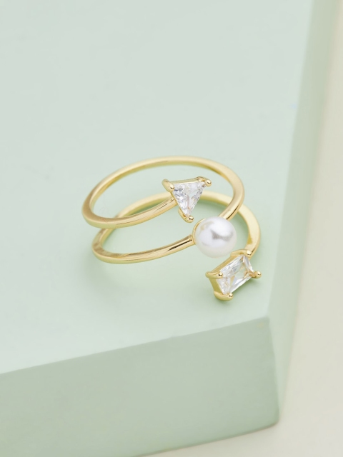 

Kushal's Fashion Jewellery Gold-Plated White CZ & Peal Studded Finger Ring