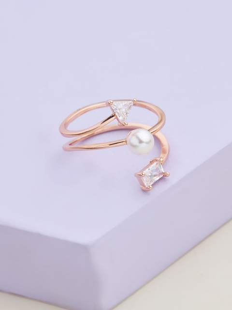

Kushal's Fashion Jewellery Rose Gold-Plated White CZ-Studded & Pearl Beaded Adjustable Finger Ring