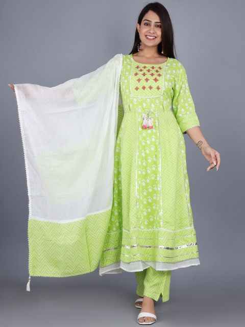 

YAVI Women Green Ethnic Motifs Printed Kurta with Churidar & With Dupatta