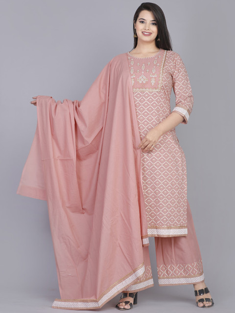 

YAVI Women Pink Ethnic Motifs Printed Kurti with Palazzos & With Dupatta