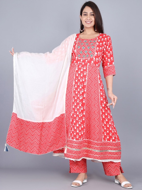 

YAVI Women Red Printed Layered Kurta with Salwar & With Dupatta