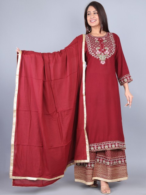 

YAVI Women Maroon Ethnic Motifs Kurta with Skirt & With Dupatta