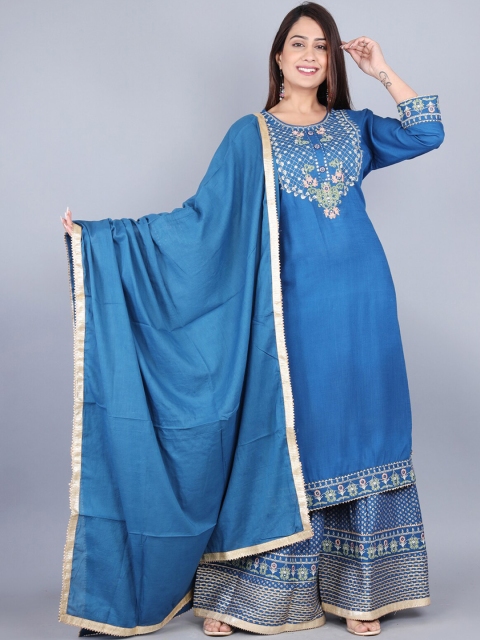

YAVI Women Blue Floral Yoke Design Kurta with Churidar & With Dupatta