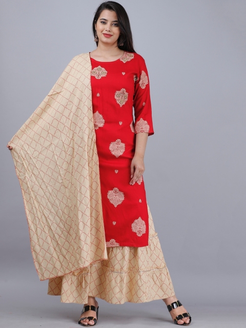 

YAVI Women Red Ethnic Motifs Printed Kurta with Palazzos & With Dupatta
