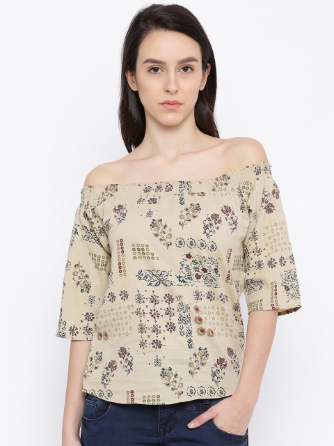 

Deal Jeans Women Beige Printed Bardot Top