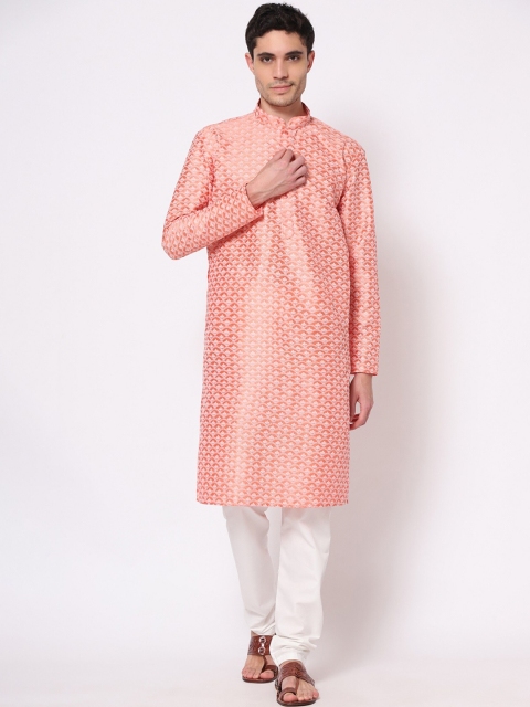 

GoStyle Men Peach-Coloured Chikankari Pure Cotton Kurta with Churidar