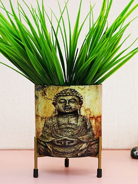 

Leafy Tales Gold Toned Cylindrical Buddha Table Top Planter