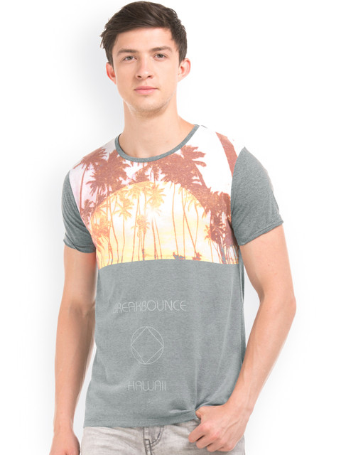 

Breakbounce Men Grey Printed Round Neck T-shirt