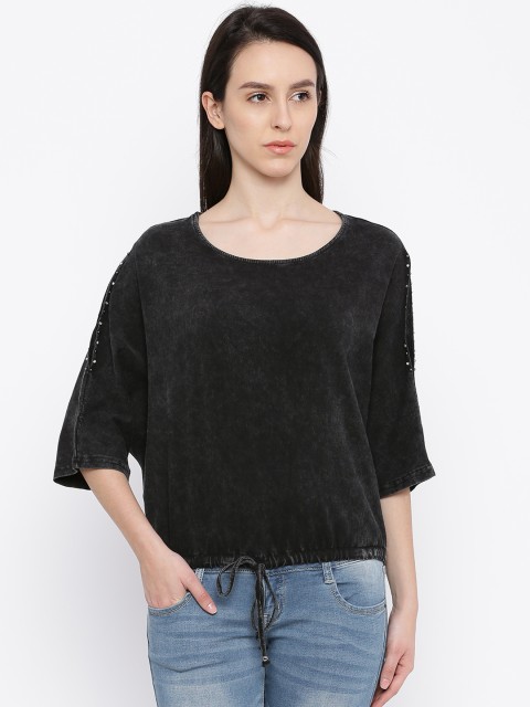 

Deal Jeans Women Black Solid Blouson Pure Cotton Top