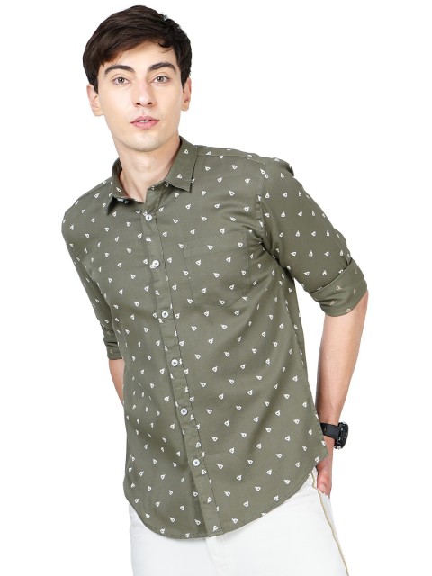 

SORATIA Men Olive Green Slim Fit Printed Cotton Casual Shirt