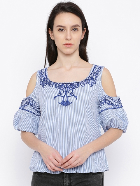 

Deal Jeans Women Blue & White Striped Pure Cotton Top