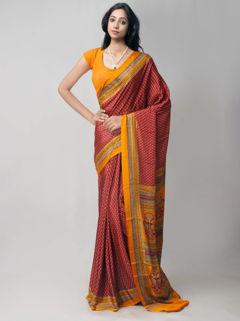 

Unnati Silks Maroon & Yellow Floral Silk Blend Block Print Saree