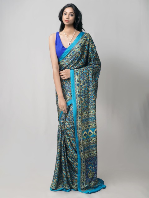 

Unnati Silks Navy Blue & Green Floral Silk Blend Block Print Saree