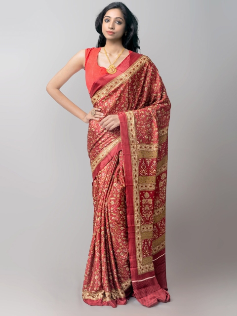 

Unnati Silks Women Maroon Block Print Crepe Soft Silk Saree