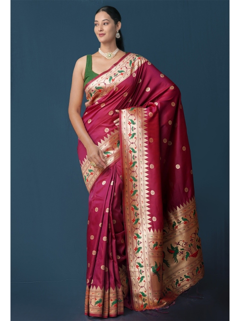 

Unnati Silks Maroon & Gold-Toned Woven Design Zari Silk Blend Paithani Saree