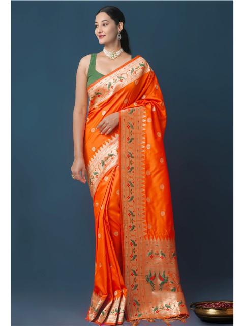

Unnati Silks Orange & Gold-Toned Ethnic Motifs Zari Paithani Saree