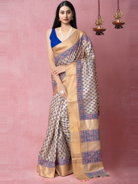 

Unnati Silks Beige & Blue Ethnic Motifs Handloom Sustainable Pure Silk Tussar Saree
