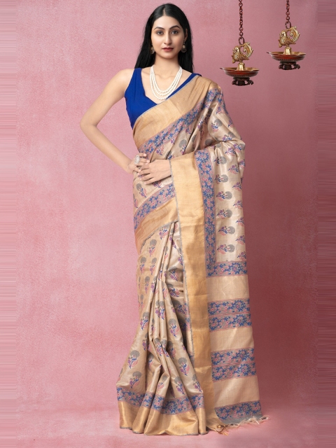 

Unnati Silks Brown & Blue Pure Handloom Sustainable Ethnic Motifs Pure Silk Tussar Saree