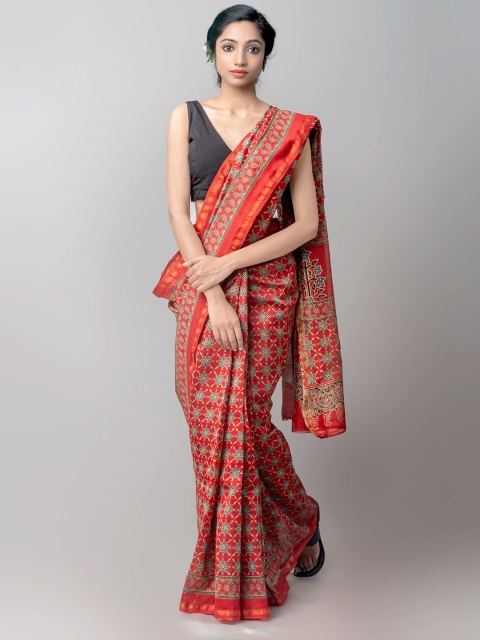 

Unnati Silks Red & Blue Printed Zari Patola Saree