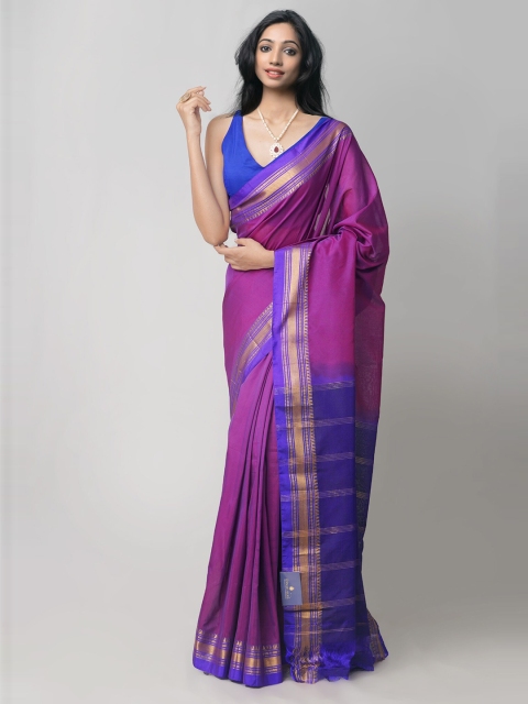 

Unnati Silks Pink & Blue Woven Design Zari Handloom Sustainable Narayan Peth Saree