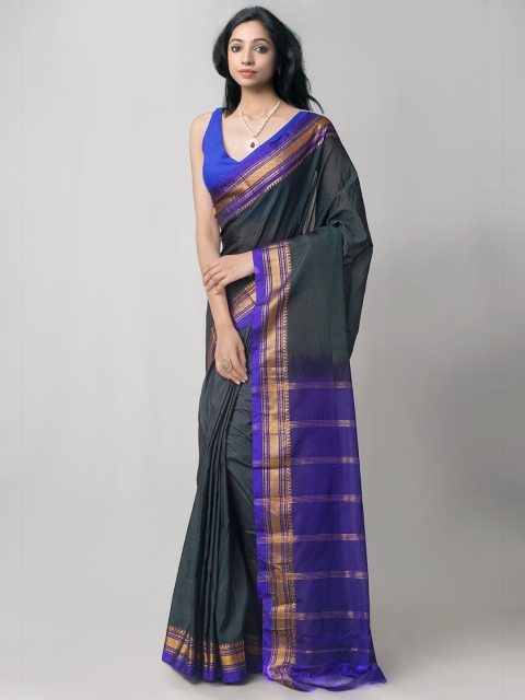 

Unnati Silks Grey & Blue Woven Design Zari Handloom Sustainable Narayan Peth Saree