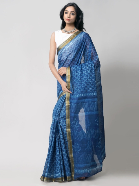 

Unnati Silks Blue & Gold-Toned Dabu Zari Pure Cotton Dabu Saree