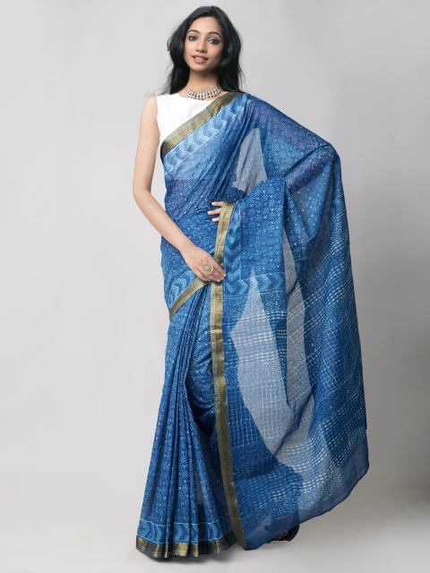 

Unnati Silks Blue & White Dabu Pure Cotton Dabu Saree