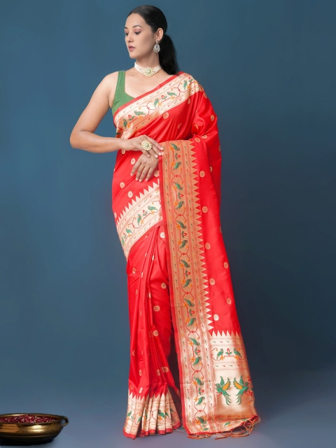 

Unnati Silks Orange & Green Ethnic Motifs Silk Blend Paithani Saree