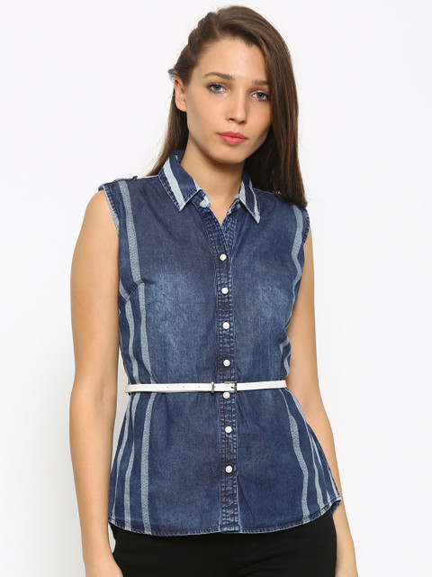 

Deal Jeans Women Blue Faded Striped Comfort Regular Fit Casual Shirt