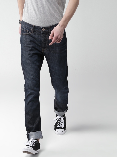 

FOREVER 21 Men Navy Slim Fit Mid-Rise Clean Look Jeans, Navy blue