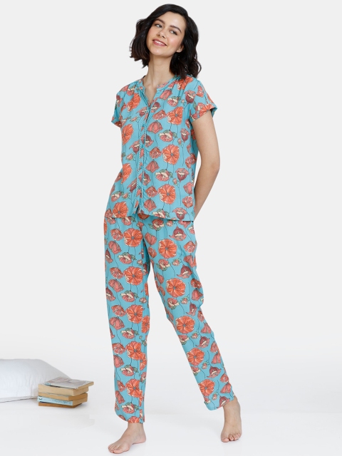 

Zivame Women Blue & Red Floral Printed Night Suit