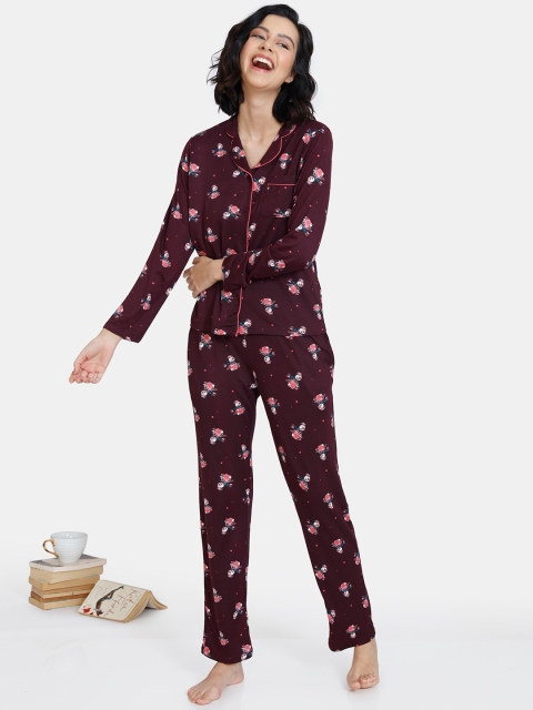 

Zivame Women Purple & Pink Printed Night suit
