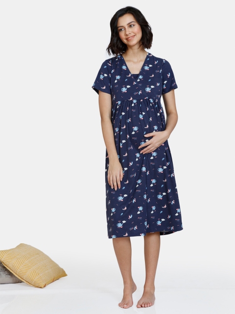 

Zivame Blue Printed Maternity Nightdress