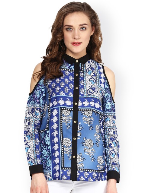 

SASSAFRAS Women Blue Printed Cold Shoulder Casual Shirt