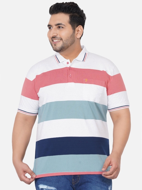 

John Pride Plus Size Men Multicoloured Striped Polo Collar Cotton T-shirt, Multi