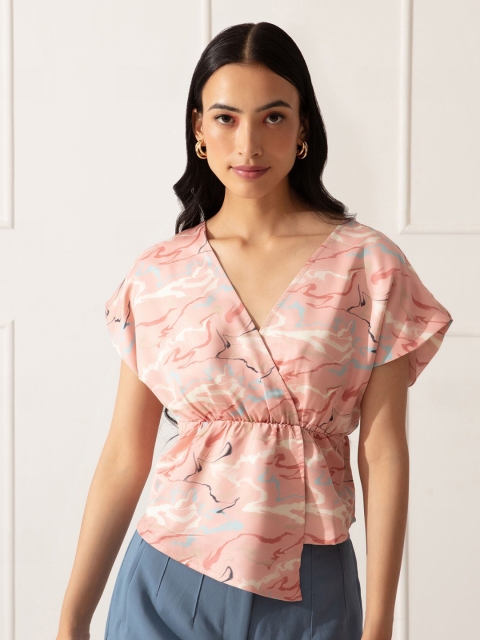

20Dresses Pink Abstract Print Extended Sleeves Wrap Top