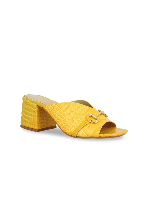 

Saint G Yellow Textured Leather Block Mules with Buckles