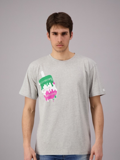 

FREESOUL Men Grey Melange & Green Printed Drop-Shoulder Sleeves T-shirt
