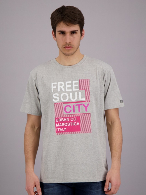 

FREESOUL Men Grey Melange & Pink Printed T-shirt