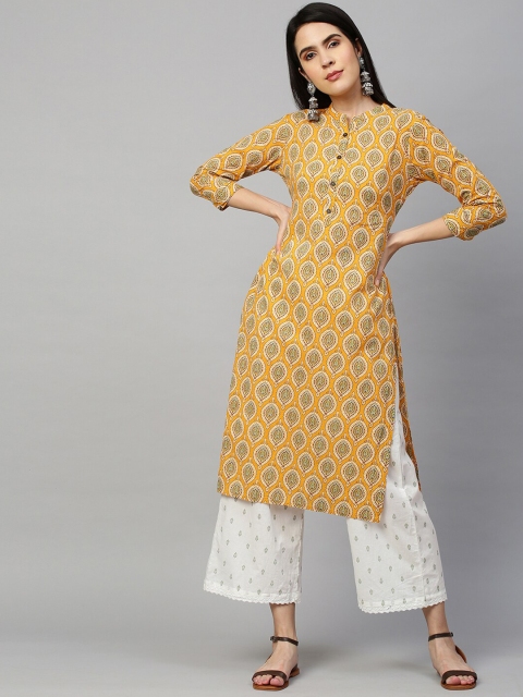 

FASHOR Women Mustard Yellow Ethnic Motif Printed Cotton Kurta