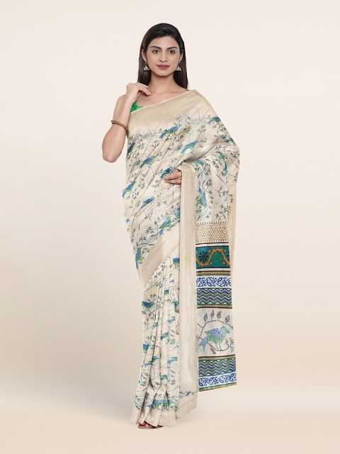 

Pothys Cream-Coloured & Green Cotton Blend Floral Saree