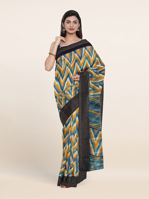 

Pothys Blue & Mustard Zari Printed Saree