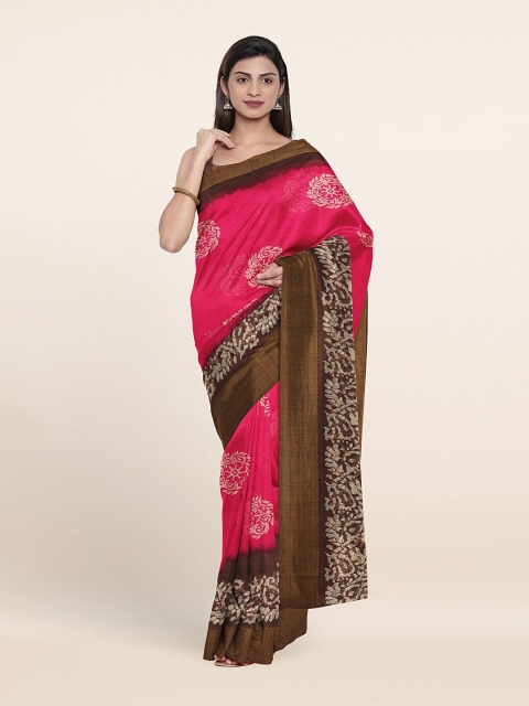 

Pothys Pink & Coffee Brown Ethnic Motifs Cotton Blend Zari Saree