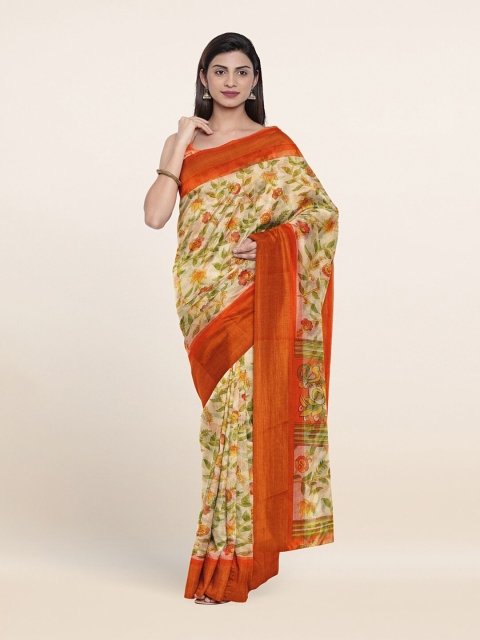 

Pothys Cream-Coloured & Green Floral Printed Saree