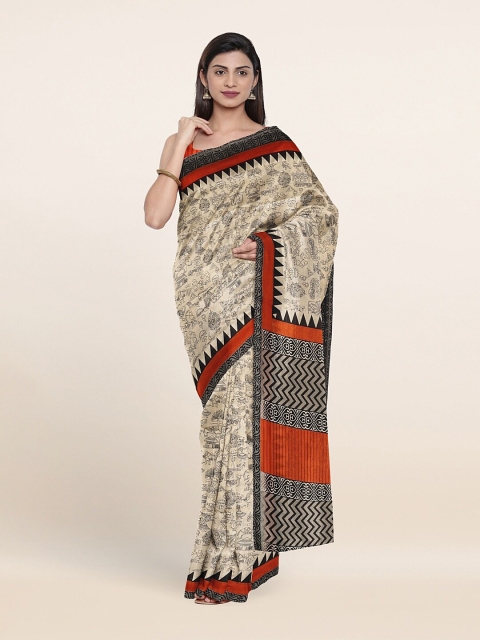

Pothys Cream-Coloured & Black Ethnic Motifs Cotton Blend Saree